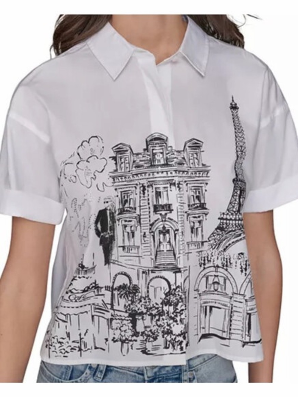Karl Lagerfield Paris Petite City Scene Crop Poplin Shirt